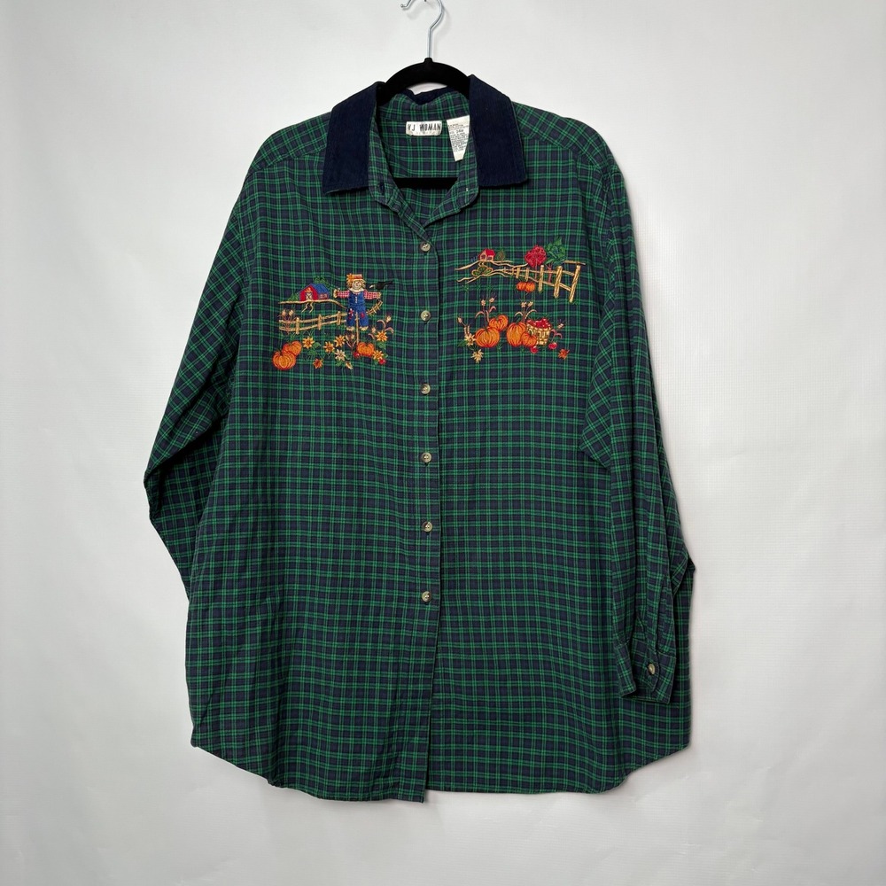 VJ Woman Plus Size 24W Plaid Embroidered Fall Scarecrow Pumpkin Shirt Green Navy